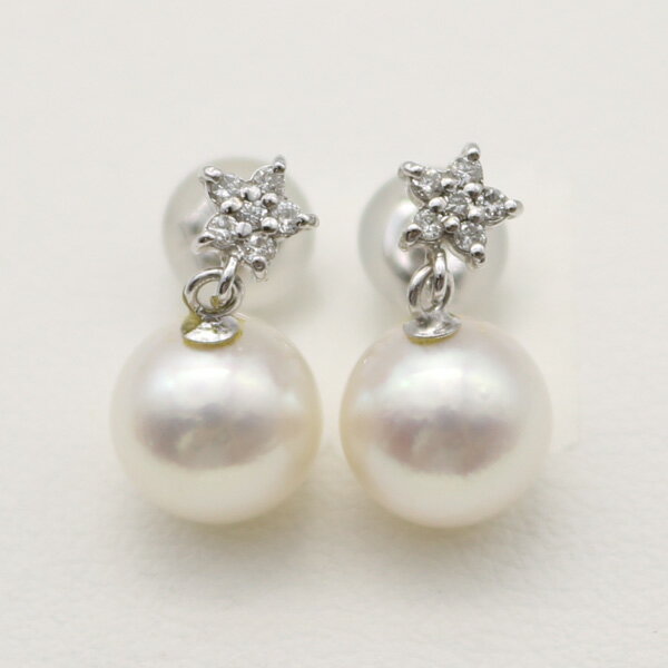 真珠 パール ピアス あこや真珠 パールピアス ロング デザイン ダイヤモンド K14WG 7.5mm-8mm 揺れるのサムネイル