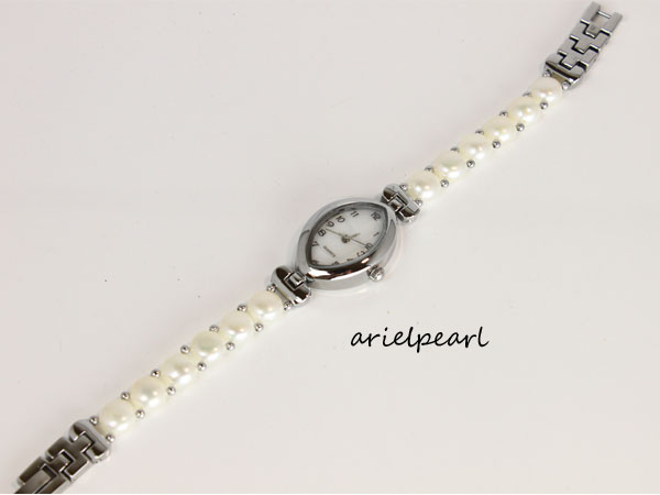 真珠パールブレスレット　淡水真珠腕時計ウォッチホワイトカラー1連7.0mm-8.0mm淡水パール7mm-8mm結婚式、レディース、通販、伊勢志摩、パール　真珠　ムーンストーン