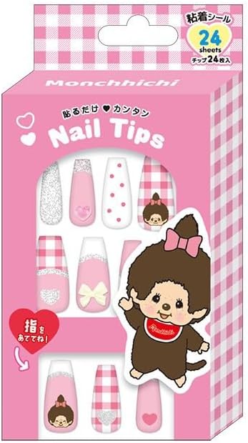 乐天商城 - モンチッチ ネイルチップ モンチッチちゃん 　ハート　リボン　チェック柄