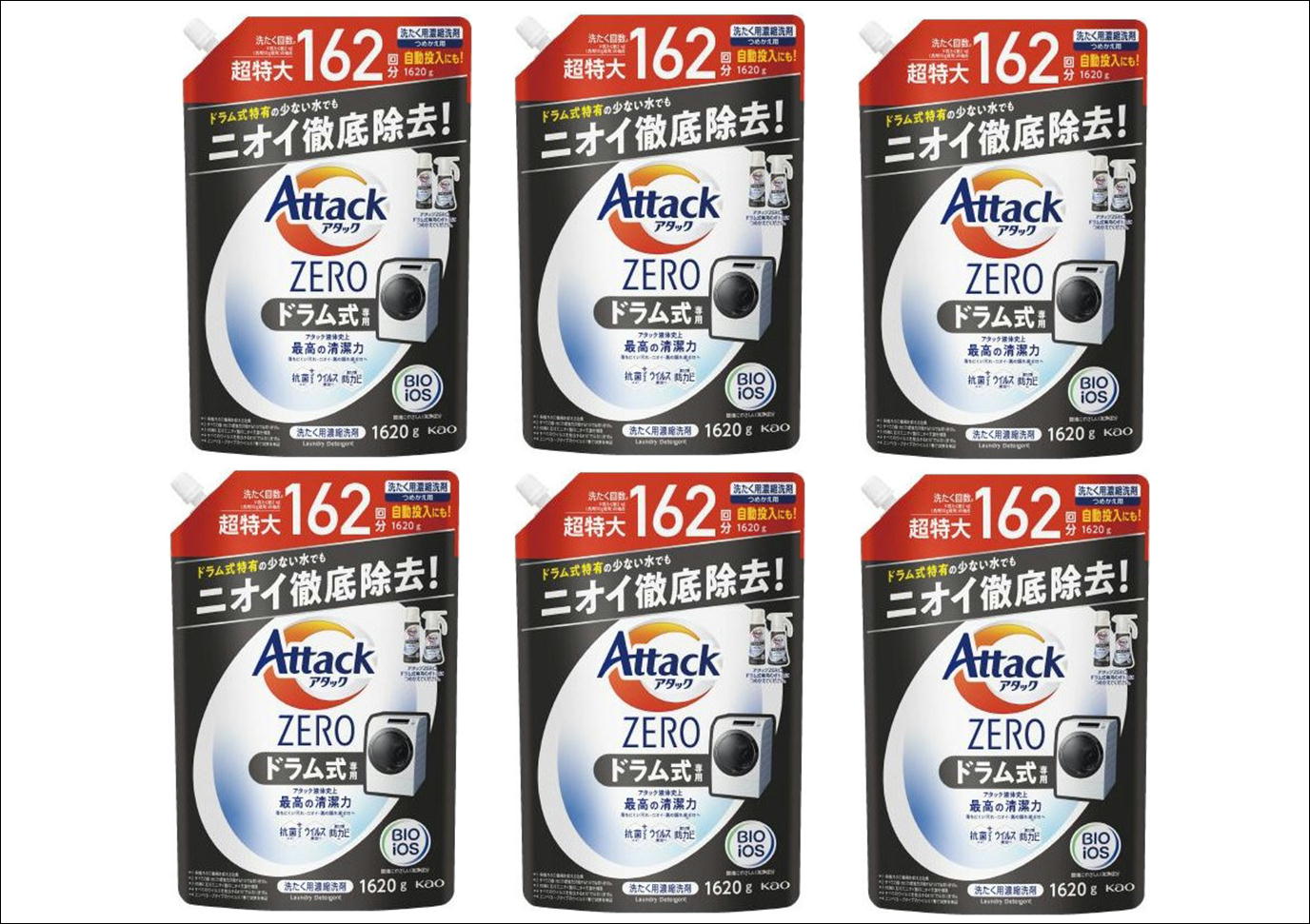 【1620g×6袋セット】花王　アタックゼロ　洗濯洗剤ドラム式専用　詰め替え 超特大　新品のサムネイル