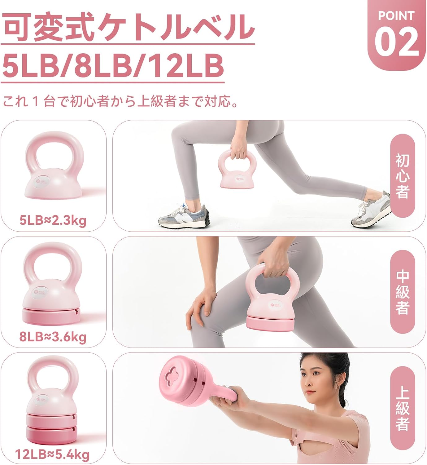 MIKE SPORT　可変式ケトルベル　3in1　プレート調節可能　（ピンク）　おしゃれ 筋...
