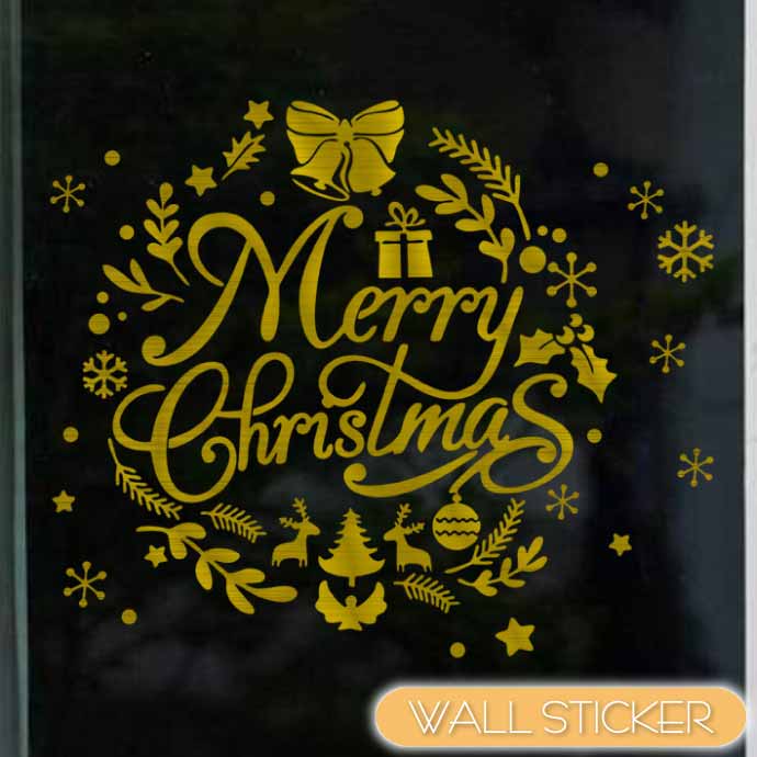 クリスマス ウォールステッカー Merry Christmas リース風 ゴールド A クロス 窓用シール 壁飾り パーティ イベント Rk648