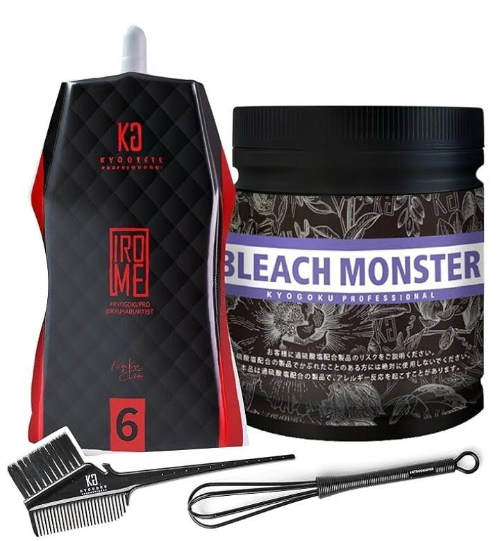 【4点セット】Kyogoku ブリーチモンスター 500g、プレミアムオキシ6%2剤1000ml、ハケブラシ、マドラー｜ 医薬部外品 特殊製法 ホワイトブリーチ 髪 ケアブリーチ 美容室専売品 ハイブリーチ ヘアカラー 部分用