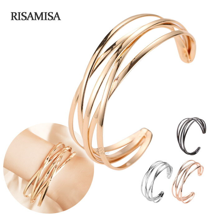 バングル レディース ステンレス サージカルステンレス 金属アレルギー 対応 シンプル 幅広 ワイドバングル ブレスレット ゴールド シルバー ローズゴールド ブラック エレガント 大ぶり 曲線 プレゼント カジュアル おしゃれ 可愛い 5連 クロス レイヤード風