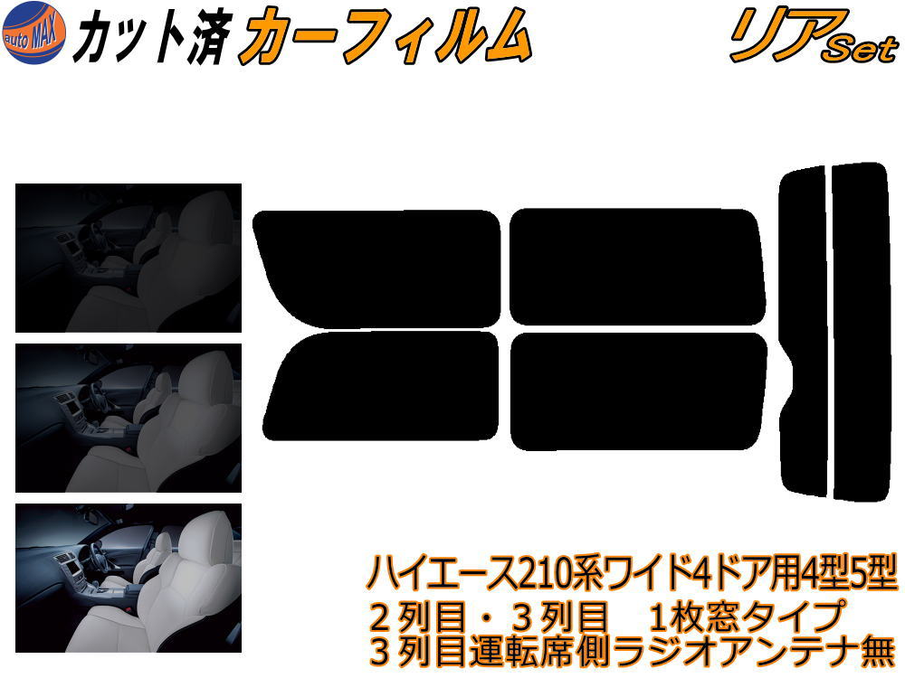 半額リア (b) ハイエース 210系 4ドア ワイド Qtype カット済みカーフィルム リアー セット リヤー サイド リヤセット 5% 15% 26% スモークフィルム リアセット 専用 フイルム 日よけ 窓ガラス ウインドウ 紫外線 UVカット 車用フィルム KDR KDH TRH 211 219 ワゴン トヨタ