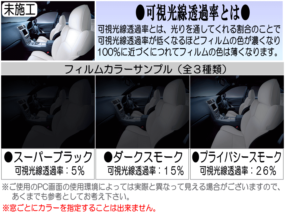 切売カーフィルム 【送料無料】 業務用スモーク 切り売り 幅50cm×100cm～ 幅1m×1m～ 延長可能 遮熱 飛散防止 遮光 窓ガラス ウインドウ ウインドー ウィンドー ハードコート UVカット紫外線 DIY カット方法 フイルムの貼り方 施工 3種類の透過率 自動車用 通販 大阪 3