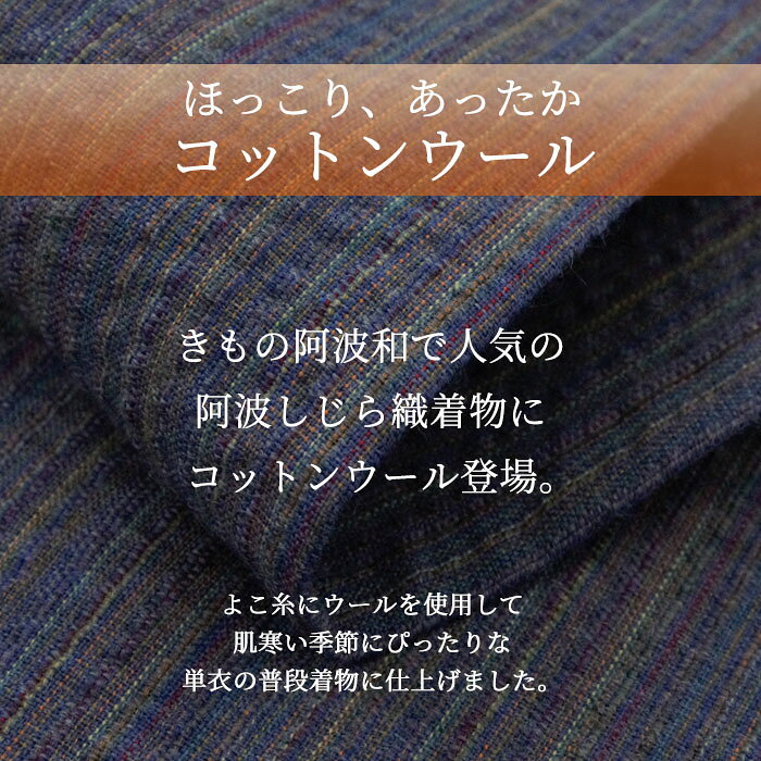 ＼9/19からマラソン限定セールスタート！32780円→16390円／木綿 着物 ウール 阿波しじら織 着物 仕立て上がり 選べる4柄 S M L 【プレタ No.44/太縞】 最速 即納 国内仕立て 居敷当付 日本製 auc-awawa-10013539 きもの阿波和 サンプル画像2