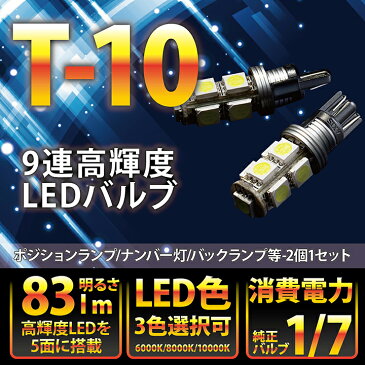 大型アルミヒートシンク搭載新型T10/T16ウェッジ9連高輝度3チップLED 2個1セットポジションランプ/バックランプ【メール便発送】(SM)