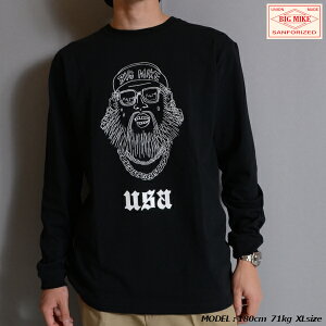 BIG MIKE「Pop Ojisan Art L/S Tee BLACK」 ビッグマイク ポップオジサン アートデザイン 手書きタッチ プリント ロンT ロングTシャツ USコットン アウトドア サーフ スケーター ストリート アメカジ カジュアル メンズ ユニセックス 送料無料 2022 秋冬新作 正規取扱店