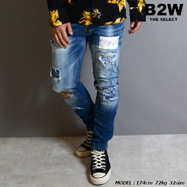 EN AVANCE (エンアバンス) 「"CK07 Stewart" Remake Repair Damage Paisely Skinny Jeans」 BLUE エンアバンス ダメージデニム リペア加工 ペイズリー×チェック リペア ストレッチ スキニーデニム クラッシュデニム イタリア製 エンアヴァンス メンズ