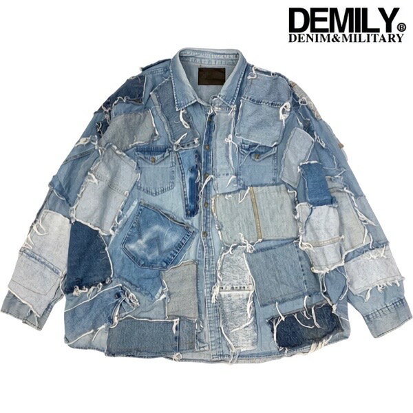 DEMILY 「Vintage Remake Damage Patchwork Art Denim Shirts Ctype」デミリー リメイクデニムシャツ 1点物 シャツジャケット 厚手 デザインシャツ Vintageリメイク パッチワークアート デニムシャツ リメイクアート ストリート アメカジ カジュアル メンズ 2023AW新作