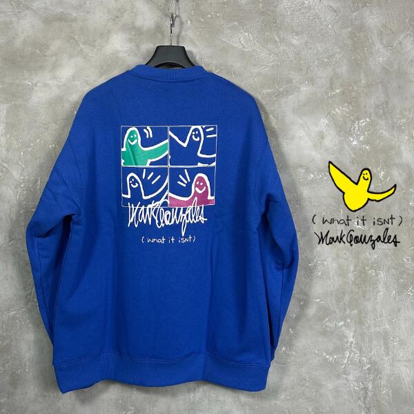 【SALE】What it isNt MARK GONZALES 「Logo Print Sweat Crew Blue」 マークゴンザレス 刺繍 ワッペン スウェット トレーナー ブルー ロゴ 裏起毛 ビッグシルエット アメカジ ストリート メンズ 2023年 秋冬新作