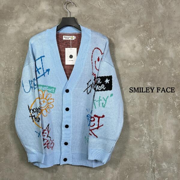 SMILEY FACE / スマイリーフェイス「Grafic Hand Art Loose Fit Knit Cardigan BLUE」2色展開 カーディガン ニット 落書きデザイン ハンドアート グラフィックアート ビッグシルエット ルーズフィット ドロップショルダー ストリート アートデザイン 新作商品