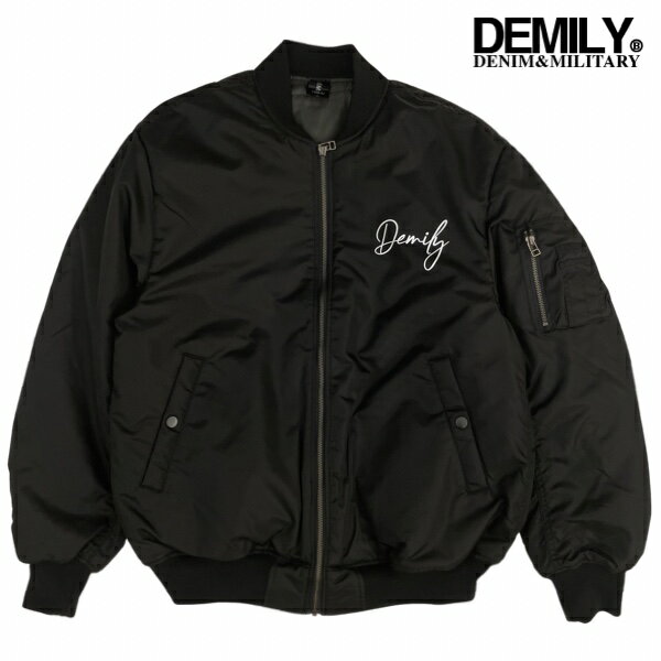 【期間限定大幅/SALE】DEMILY 「LOGO MA-1 JACKET BLACK」 M/L/XL デミリー ロゴ プリント 中綿 ジャケット ブルゾン ブラック ナイロン アウター ミリタリー ストリート スポーティー カジュアル ビッグサイズ 大きサイズ メンズ 黒 中綿 送料無料 新作 あす楽