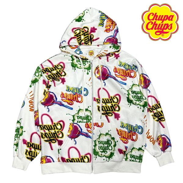 Chupa Chups / チュッパチャップス「Chupa Chups Zip Foodie White」カラフル ベロア ジップ パーカー ビッグシルエット ルーズフィット カジュアル ストリート デザイン オフィシャル商品 秋冬 新作商品