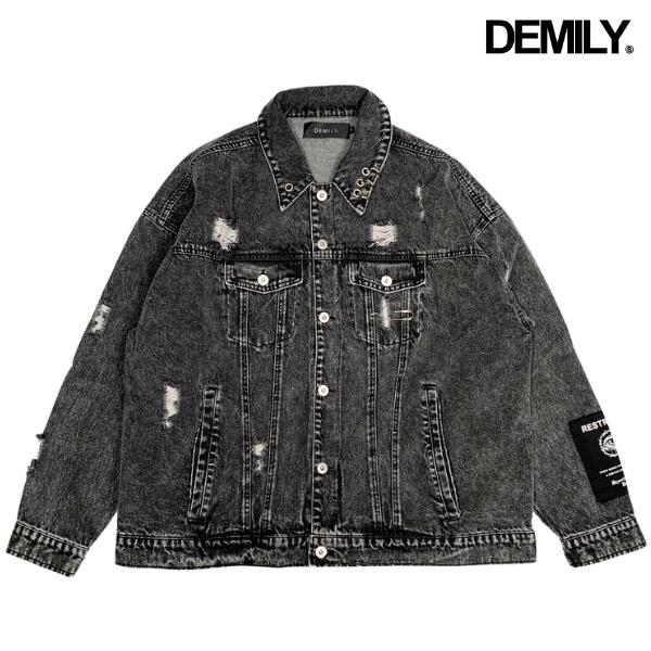 DEMILY「Crash Damage Denim Jacket Gray」デミリー オーバーサイズ クラッシュ デニム ジャケット Gジャン ダメージデニム ビッグサイズ オーバーサイズ カジュアル アウトドア メンズ