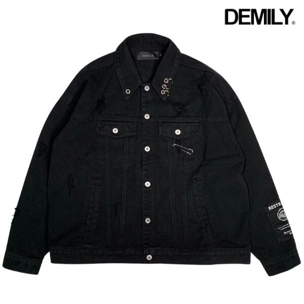 DEMILY「Crash Damage Denim Jacket Black」デミリー オーバーサイズ クラッシュ デニム ジャケット ブラック Gジャン ダメージデニム ビッグサイズ オーバーサイズ カジュアル アウトドア メンズ