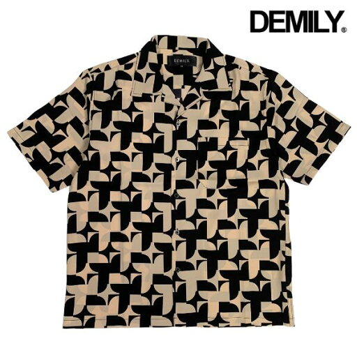 DEMILY / デミリー「Geometric Setup (Shirts &Shorts) Beige×Black」幾何学柄 半袖 オープンカラー シャツ & ショーツ セットアップ 柄シャツ 柄ショーツ ベージュ×ブラック リゾート アメカジ カジュアル メンズ 2024年 春夏 新作商品