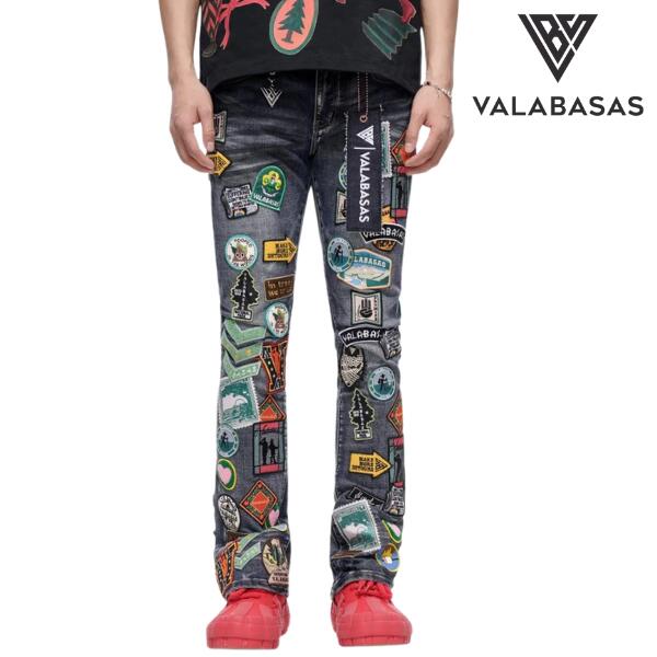 VALABASAS "AXIS Stacked" BLUE WASH ヴァラバサス ワッペン ブーツカット デニム パンツ ジーンズ ストレッチ ウォッシュ加工 ヴィンテージ加工 カジュアル モード ストリート ラッパー アスリート メンズ 新作