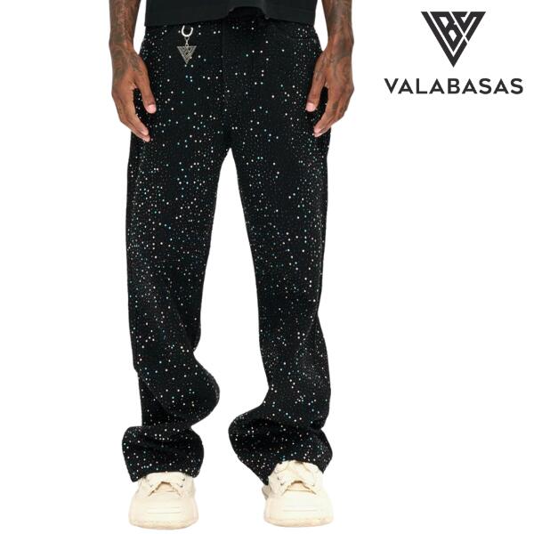 VALABASAS「"Jelato" Baggy Pants Black×Black」ヴァラバサス カラフル ラインストーン ブラック バギー パンツ きらきら シンプル カジュアル モード ストリート ラッパー ヒップホップ アスリート メンズ ユニセックス 秋冬新作 バラバサス