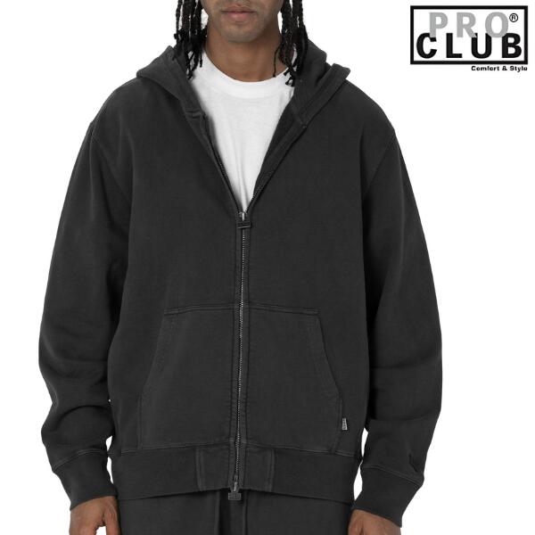 PRO CLUB / プロクラブ「Heavy Weight Vintage Wash Zip Foodie Black」ヘビーウェイト ヴィンテージ ウォッシュ ジップ パーカー 裏起毛 スウェット 無地 メンズ レディース ストリート ミリタリー ヒップホップ 大きいサイズ B-BOY HIPHOP