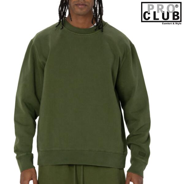 PRO CLUB / プロクラブ「Heavy Weight Vintage Wash Crew Neck Olive」ヘビーウェイト ヴィンテージ ウォッシュ クルー スウェット トレーナー 裏起毛 無地 メンズ レディース ストリート ミリタリー ヒップホップ 大きいサイズ B-BOY HIPHOP