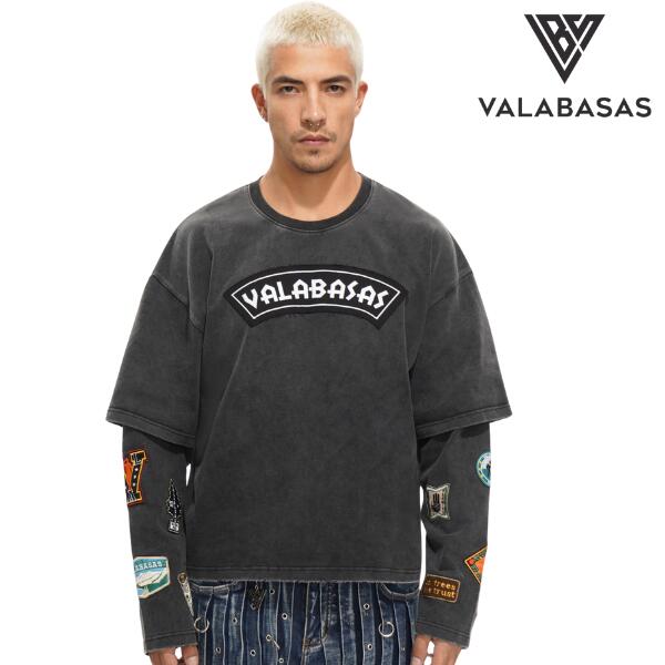 VALABASAS "Forge Longsleeve Tee" Washed Black ヴァラバサス レイヤード ウォッシュ ロング Tシャツ ロンT ブラック ヴィンテージ風 ワッペン カジュアル モード ストリート ラッパー アスリート メンズ 新作