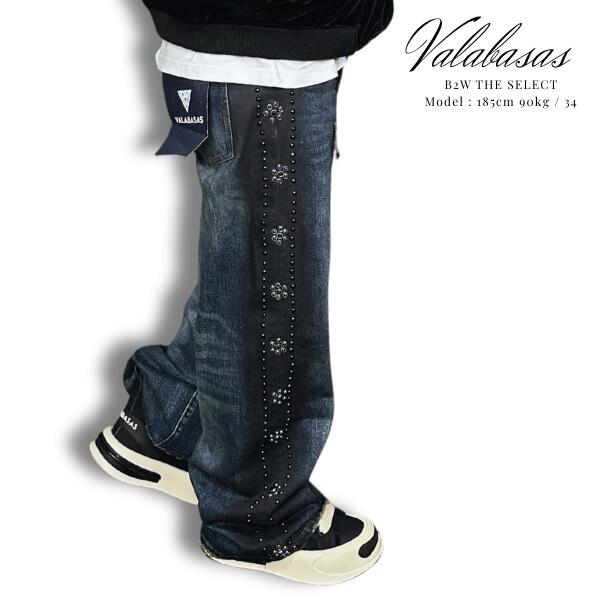 VALABASAS「"Sumi" Baggy Pants Dk.Blu×Blk」ヴァラバサス サイドライン スタッズ デニム ブルー バギー パンツ シンプル カジュアル モード ストリート ラッパー ヒップホップ アスリート メンズ ユニセックス 秋冬新作 バラバサス