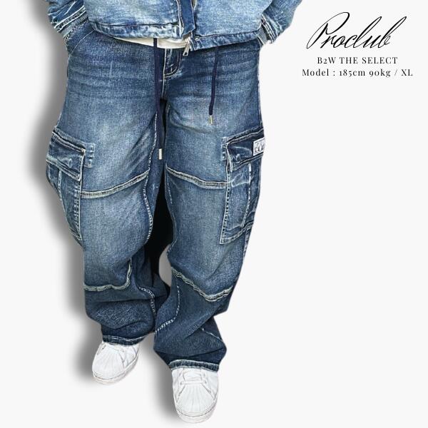 PRO CLUB / プロクラブ「Denim Cargo Pants Baggy Dark Stone Wash」バギー デニム パンツ ジーパン ジーンズ ルーズ ワイドパンツ カーゴパンツ ストリート ミリタリー ヒップホップ 太め B-BOY HIPHOP