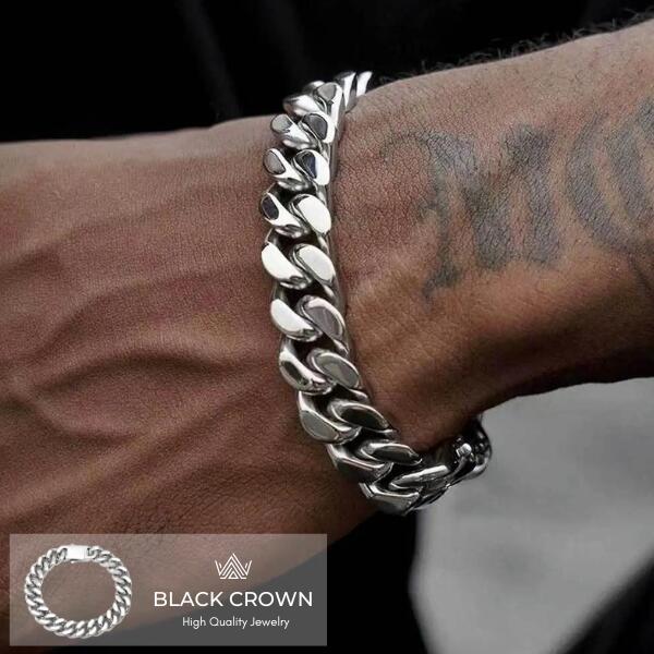 BLACK CROWN「Miami Cuban Link Bracelet 幅9mm/11mm×長さ21cm」ブラッククラウン マイアミキューバン チェーン ブレスレット シルバー BC アクセサリー ステンレス 金属アレルギー 対応 ストリート モード ヒップホップ プレゼント ギフト メンズ 喜平