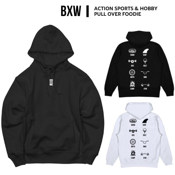 Rakuten - BXW「Action Sports & Hobby Pull Over Foodie Black/White」 プリント スウェット フーディ パーカー ライトアウター ストリート カジュアル ユニセックス メンズ レディース ブランド 大きいサイズ 長袖 裏毛 裏パイル 裏起毛