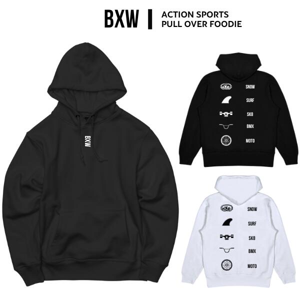 Rakuten - BXW「Action Sports Pull Over Foodie Black/White」 プリント スウェット フーディ パーカー ライトアウター ストリート カジュアル ユニセックス メンズ レディース ブランド 大きいサイズ 長袖 裏毛 裏パイル 裏起毛