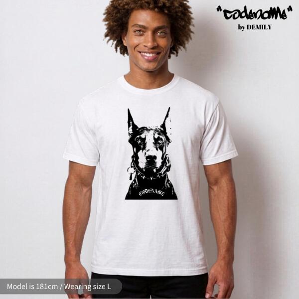 U-Neck - CODENAME ”Doberman” Garment Dyed T-Shirts White コードネーム ガーメントダイ ドーベルマン プリント クルー Tシャツ 半袖T 製品染め 犬 ヴィンテージ風 古着風 ストリート ロック カジュアル ユニセックス メンズ レディース 男女兼用 ビッグサイズ