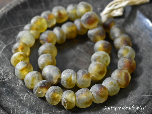 【1911】アフリカンパウダーグラスビーズ黄色斑模様一連2【とんぼ玉】【アンティークビーズ】【ビーズ..