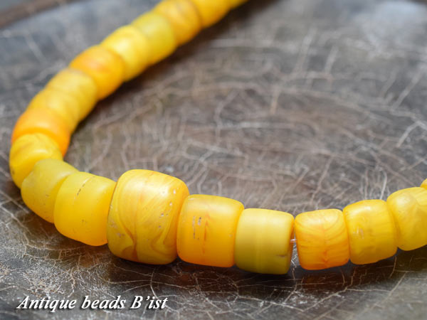 【1601】ANTQボヘミア黄色カンカンバビーズ一連3【とんぼ玉】【アンティークビーズ】【ローマングラス..