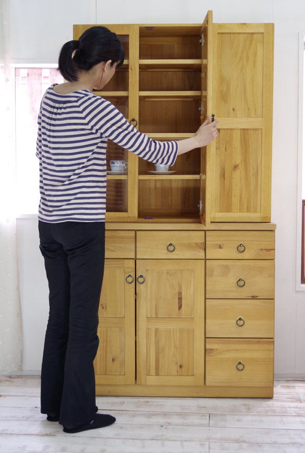 カントリー食器棚 【カントリー キャビネット lily 3ドア リング取手 ナチュラル】カントリー家具 パイ..