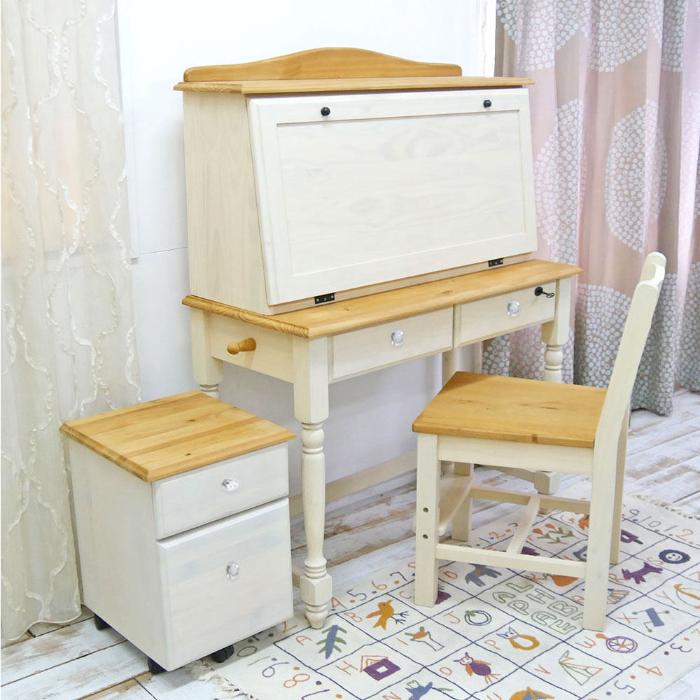【カントリーライティングデスク/ワゴンチェスト+チェアセット/クリスタル取っ手/ミルキーホワイト塗装】カントリーパイン学習机/フレンチカントリーライティングデス...