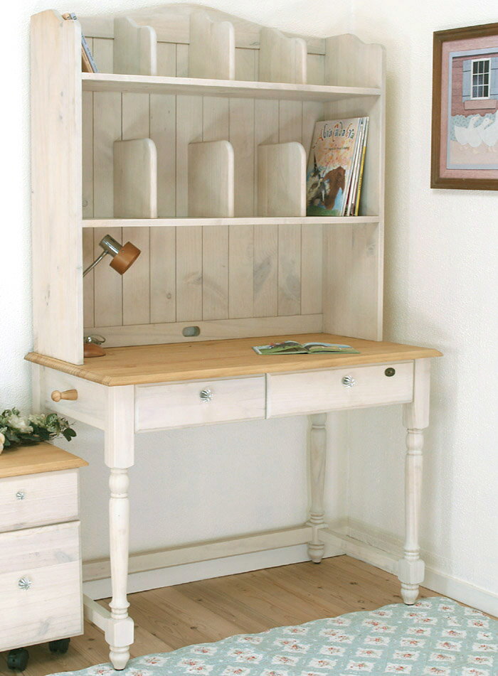 【白いパインデスク-ミルキーイリデ/クリスタルガラス取っ手】カントリーパイン学習机/カントリーパイン机/カントリー家具/白いデスク鍵付/クリスタル取っ手/幅105cm [2]