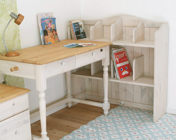 【白いパインデスク-ミルキーイリデ/クリスタルガラス取っ手】カントリーパイン学習机/カントリーパイン机/カントリー家具/白いデスク鍵付/クリスタル取っ手/幅105cm [3]