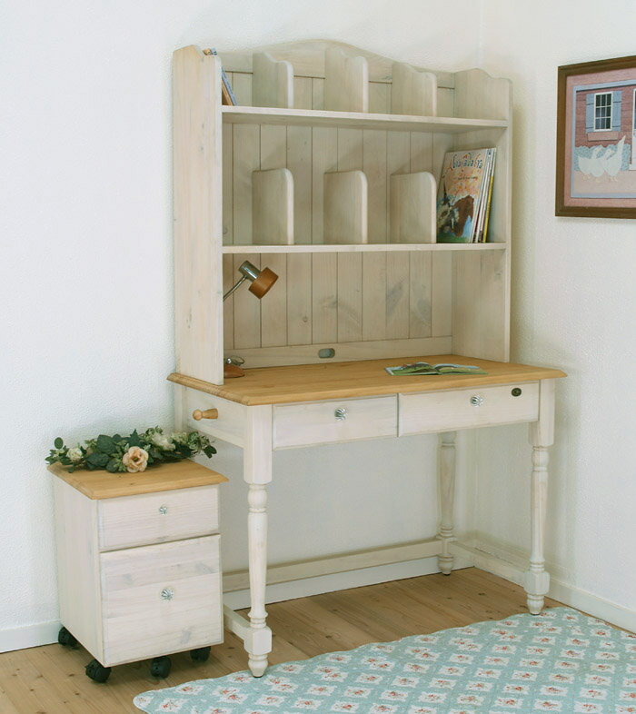 【白いパインデスク-ミルキーイリデ/ファイルチェストF2セット/クリスタル取っ手】カントリーパイン学習机/カントリーパイン机/カントリー家具/白いデスク鍵付/クリスタルガラス取っ手/幅105cm [2]