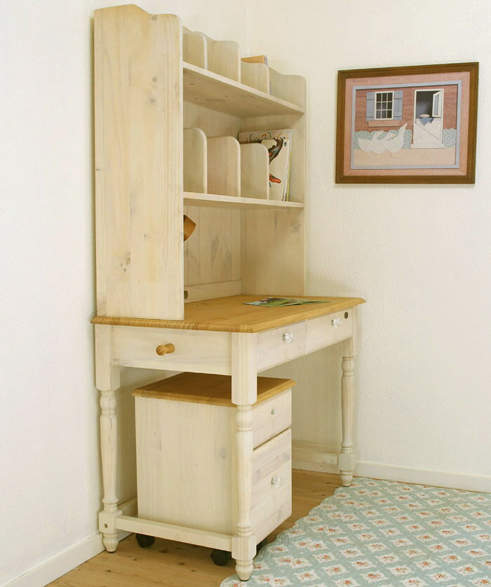 【白いパインデスク-ミルキーイリデ/ファイルチェストF2セット/クリスタル取っ手】カントリーパイン学習机/カントリーパイン机/カントリー家具/白いデスク鍵付/クリスタルガラス取っ手/幅105cm [3]