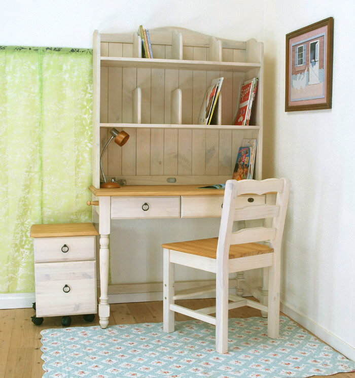 【白いパインデスク-ミルキーイリデ/ファイルチェストF2セット/アンティーク取っ手】カントリーパイン学習机/フレンチカントリースタイル机/カントリー家具/白いデスク鍵付/リング取っ手/幅105cm [2]