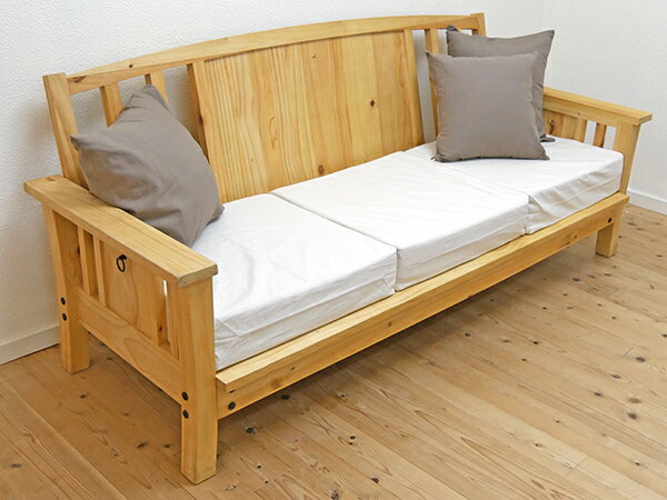乐天商城 - カントリーソファー 3人掛け 幅200cm【ナチュラル色 バレンシア】パインソファー カントリー家具 木製ソファー パイン家具 ラテックスクッション すのこソファー