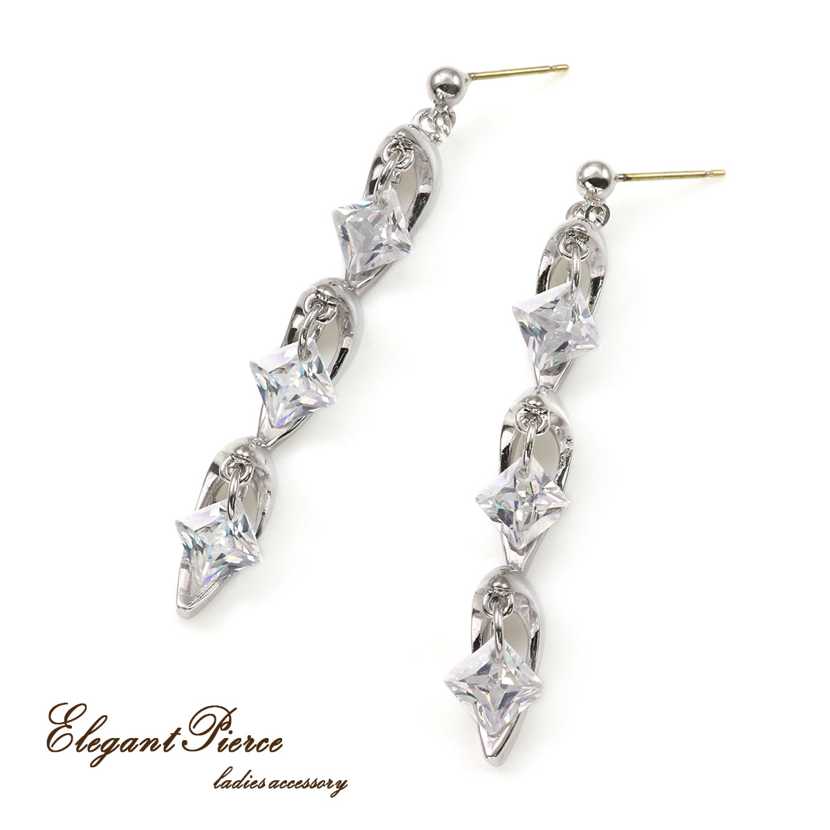 18金ポスト ピアス ぶらさがり スクエア レディース シャープ ひし形 K18ポスト 揺れる 長い ジルコニア 透明 銀色 ゆれる エレガント 上品 きれい ...