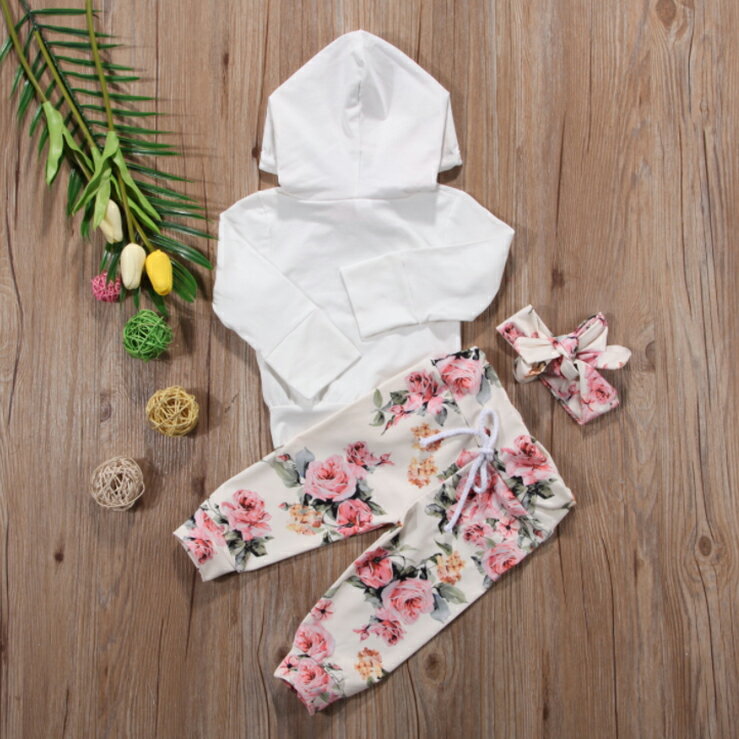 ベビー服 キッズ 女の子 パーカー 花柄 上下セット ヘッドドレス付 フラワー ホワイト かわいい 子供用 baby ギフト プレゼント 子供 女の子