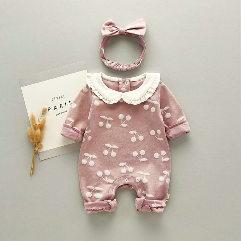 ベビー服女の子長袖春秋冬キッズ服60708090カバーオール長袖ロンパースコットンカラフルおしゃれ安い服おもしろ子供服花柄さくらんぼ柄ヘアバンド付きセットお出かけ