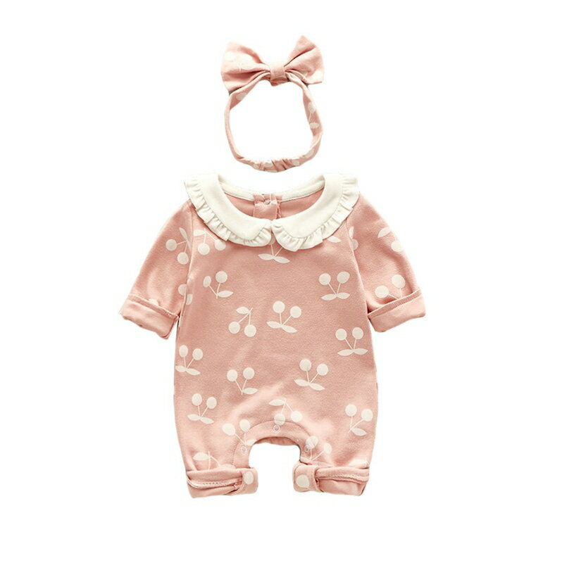 ベビー服女の子長袖春秋冬キッズ服60708090カバーオール長袖ロンパースコットンカラフルおしゃれ安い服おもしろ子供服花柄さくらんぼ柄ヘアバンド付きセットお出かけ