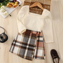 女の子 セットアップ 2点セット 上下セット tシャツ 長袖 プルオーバー Tシャツ 子供 子ども こども チェックスカート かわいい スカートブラウン ギフト プレゼント ジュニア 幼稚園 小学生 女の子 ワンピース おしゃれ エレガントリボン 90cm 100cm 110cm(4)