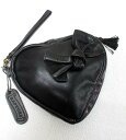 ★Rapture◎ラプチャー 黒革 ハート リボン ポーチ ブラック レザー リストレット タッセル付き【中古】K231118005