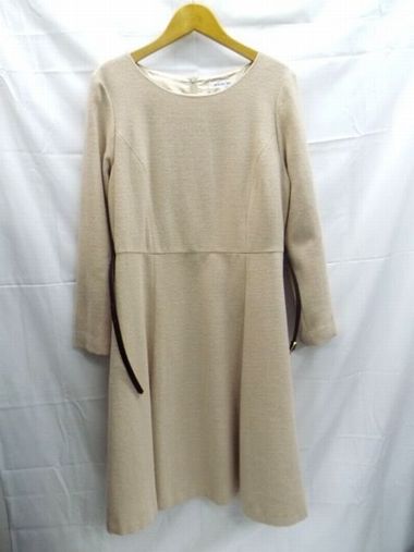 NATURAL BEAUTY BASIC★ナチュラルビューティーベーシック/長袖ワンピース/ベルト付き/ラメ/ピンク/Lサイズ【中古】K250302TK-15
